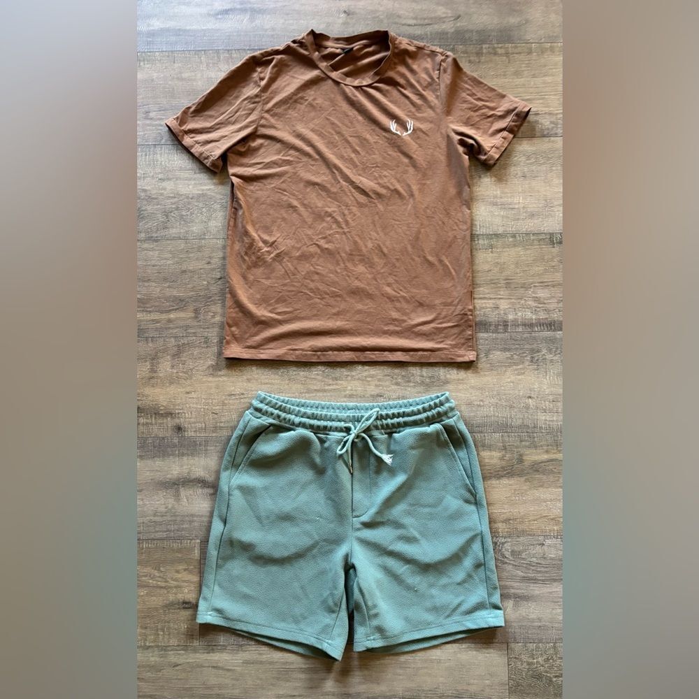 SHEIN teen boys size small sage green shorts and tan t-shirt antler graphic set